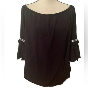 Valerie Steven’s Vintage Black Top Blouse L Off Shoulder Bell Sleeve Rib…